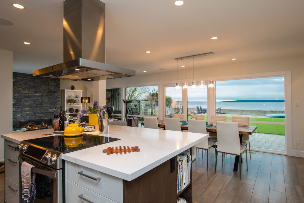 newly renovated kitchen and dining area with a view